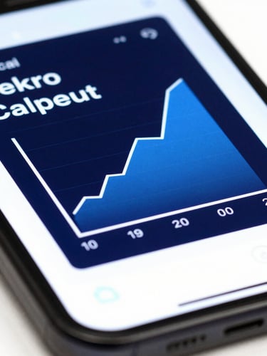 Macro photograph of a clean clinical software UI on a smartphone screen, crisp electric blue diagnostic charts, stark white typography against dark navy background, bright device glow