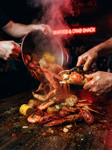 Dramatic close-up of a steaming seafood boil being poured onto a dark table under high-contrast red neon lighting, hands cracking a crab claw, glistening chili oil textures, 35mm
