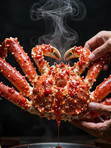 Macro action shot of hands cracking open a massive glistening king crab leg, thick red garlic butter sauce dripping down, steam rising under high-contrast dramatic spotlighting, dark moody background, 35mm