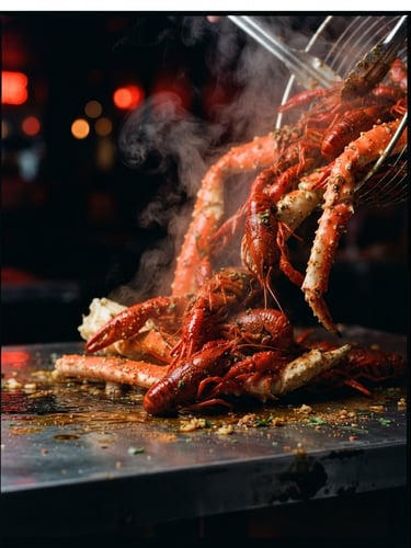 Dramatic close-up of steaming red crawfish and king crab legs being poured onto a dark metal table, glistening chili oil, neon red lighting, steam rising, shallow depth of field, 35mm
