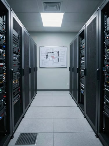Wide environmental shot of an empty secure server room, overhead clinical lighting casting sharp shadows on equipment racks, a laminated architecture diagram pinned to a wall-mounted board in the background, no personnel