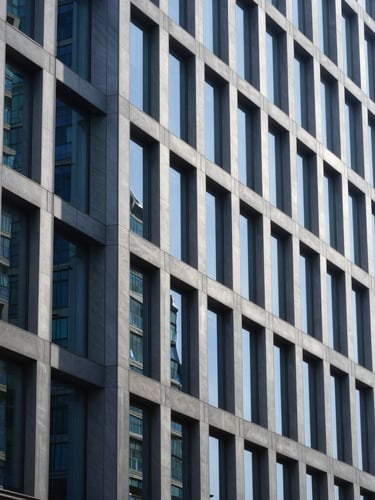 Crisp architectural photography of a modern high-end corporate office facade with clean structural lines, cool daylight, deep blue glass reflections, 35mm editorial style