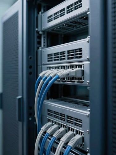 Crisp architectural close-up of structured network cabling and secure server racks, cool daylight, deep blue and metallic gray tones, 35mm