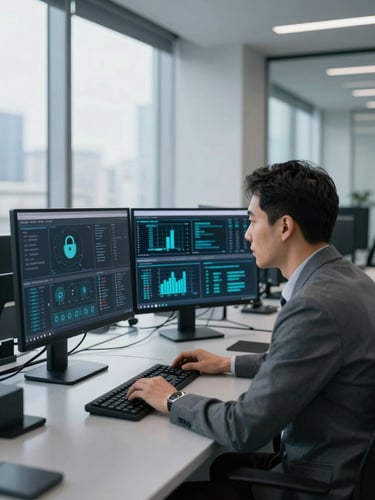 Focused professional reviewing security data on clean screens in a high-end corporate office, cool daylight, metallic gray tones, 35mm photography