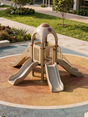 Warm architectural photography of a bright, modern children's playground surrounded by green lawns and pedestrian paths, natural afternoon light, 35mm lens.
