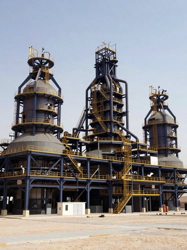 Wide-angle architectural photograph of a massive industrial manufacturing plant in Abu Dhabi, sharp geometric steel structures, bright desert daylight, clean composition