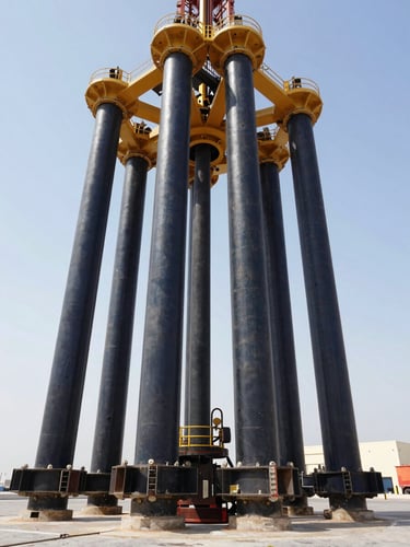 Low-angle heavy marine piling rig operating at an Abu Dhabi harbor site, massive steel columns driven into the seabed, bright daylight, professional architectural framing