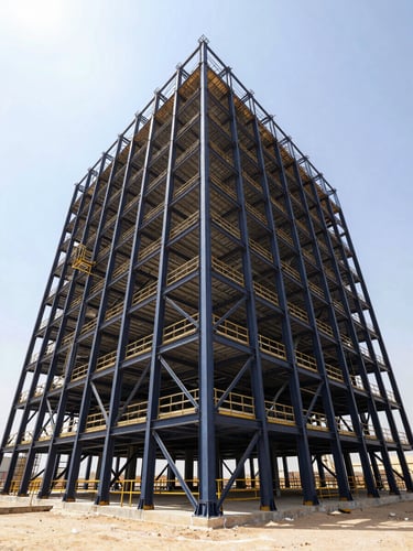 Low-angle heroic perspective of a massive industrial building under construction, steel frame contrasting with bright desert sky, sharp details