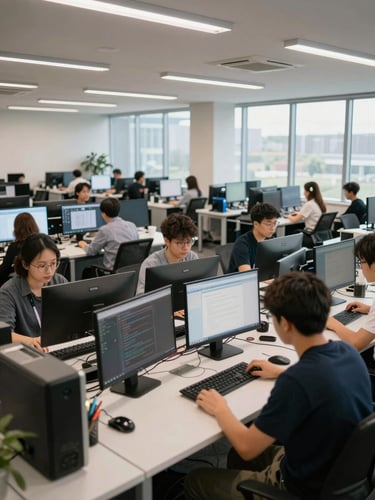 Wide-angle view of a corporate training room interior, rows of workstations with monitors active, candidates seated mid-task at keyboards, clean ambient office lighting through large windows on the right, no faces prominently visible, environmental shot emphasizing the scale and activity of the space