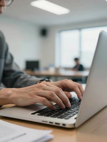 Close-up of a candidate's hands on a laptop keyboard in a bright corporate training room, study materials visible beside the workstation, clean overhead fluorescent and natural window light, sharp focus on the hands mid-task, no faces