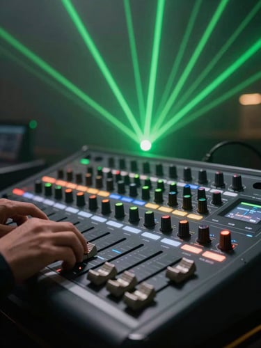 Close-up of a professional lighting console and VJ controller in a nocturnal booth, fingers adjusting faders, vivid green geometric laser beams cutting through thick haze in the background.