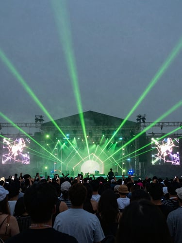 Wide-angle perspective of a dark festival stage, sharp geometric electric-green laser beams cutting through heavy haze over a silhouetted crowd.