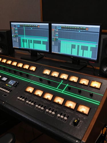 Wide-angle perspective of a dark music production studio, glowing hardware meters, digital audio workstation on dual monitors displaying rendering suite timelines, sharp green laser-like accent lines reflecting off polished surfaces.