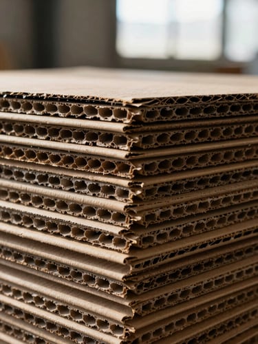 Macro detail shot of stacked raw corrugated cardboard and premium kraft paperboard sheets in an industrial warehouse, high-contrast workshop lighting, sharp textures.