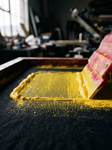 Macro detail shot of bright yellow ink being pressed through a screen-printing mesh, high-contrast workshop lighting, sharp textures, 35mm
