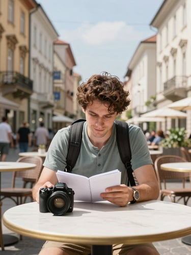 Bright, natural daylight portrait of a traveler sitting at a clean cafe table in a foreign city, reviewing notes, 35mm lens, realistic colors