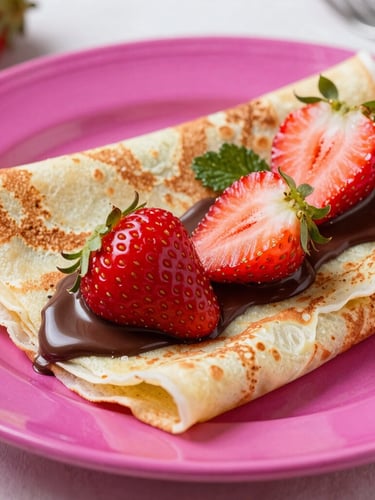 Tight macro shot of a freshly folded crepe topped with melting chocolate and seasonal strawberries, bright natural daylight, vibrant magenta accents, shallow depth of field