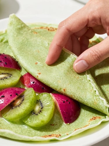 Close-up of hands carefully folding a fresh crepe topped with seasonal fruit, bright natural daylight, vibrant green and magenta details, 50mm