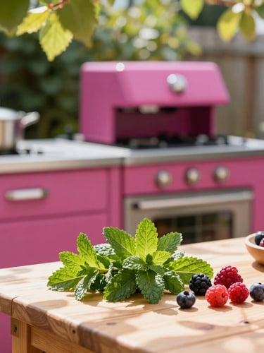 A vibrant outdoor kitchen setup in a local social garden, fresh mint and berries on a wooden table, bright sunbeams filtering through leaves, shallow depth of field
