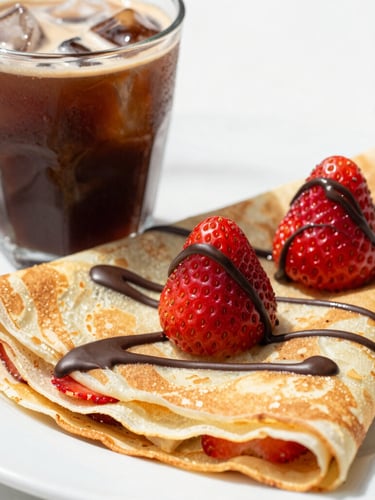 Macro shot of a freshly folded golden crepe topped with fresh strawberries and chocolate drizzle, sitting next to a cold brew coffee with ice cubes, bright daylight.