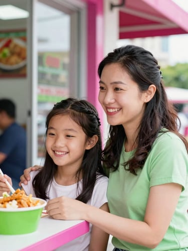 Warm candid portrait of a mother and her student daughter smiling together near a bright takeaway window, soft natural daylight, magenta accents, shallow depth of field