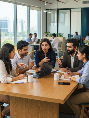 A bright, modern corporate workspace in Ahmedabad with professional Indian developers and compliance experts collaborating around a wooden table, soft architectural sunlight, 35mm.