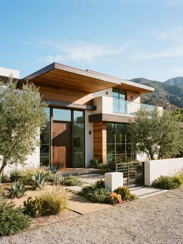 Bright natural Southern California sunlight illuminating a modern architectural home exterior in Arcadia, clean lines, warm neutral tones, professional editorial 35mm photography.