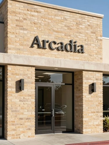 Professional environmental editorial photograph of a clean, modern real estate investment office exterior in Arcadia, California, warm sand brickwork, bright natural sunlight, 35mm lens.