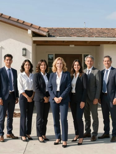 A professional team member in business-casual attire standing outside a mid-century Southern California home, bright natural sunlight, 35mm lens.