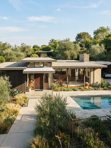 Bright architectural editorial photograph of a mid-century modern Southern California estate in Arcadia, sharp clean lines under bright natural afternoon sunlight, 35mm lens.