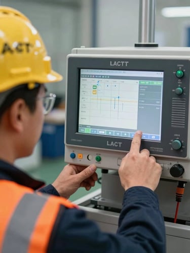 A technician in a high-visibility orange vest and safety helmet calibrating a digital flow computer on a LACT unit, crisp focus on the interface screen, bright natural daylight, industrial background.