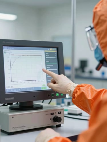 A close-up of an industrial training lab, a technician in orange PPE pointing to a digital flow computer screen showing calibration curves, bright natural light.
