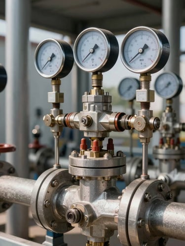 Industrial flow control facility, close-up of high-pressure steel valves and digital calibration meters, bright natural daylight, sharp technical focus.