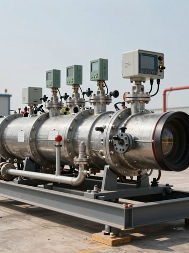 A fully assembled Lease Automatic Custody Transfer unit with steel piping, valves, and digital transmitters on an industrial skid, bright daylight