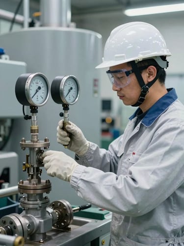 Industrial portrait of a technician in full safety gear calibrating a physical flow control valve, clean bright daylight, sharp focus on the instrumentation, steel-gray machinery in the background.