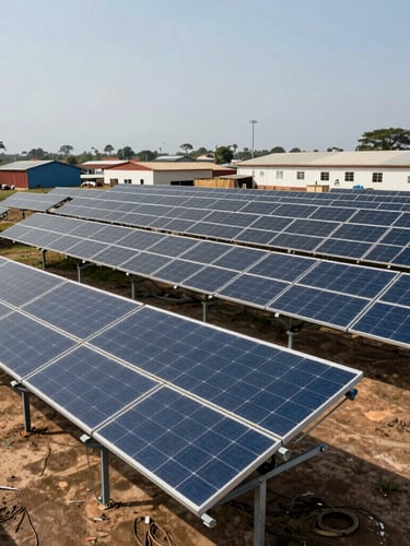 Wide-angle photograph of a commercial solar array integrated into an active West African industrial complex, high-contrast daylight, sharp steel structures.