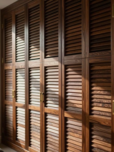 Portrait shot of a modern living room featuring a striking wooden louver wall, soft natural light filtering through, deep shadows, and a luxurious, inviting atmosphere, editorial style.