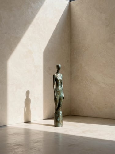 Asymmetric architectural crop of a sun-drenched room with raw travertine walls, soft morning daylight casting long shadows on a single minimalist bronze sculpture.