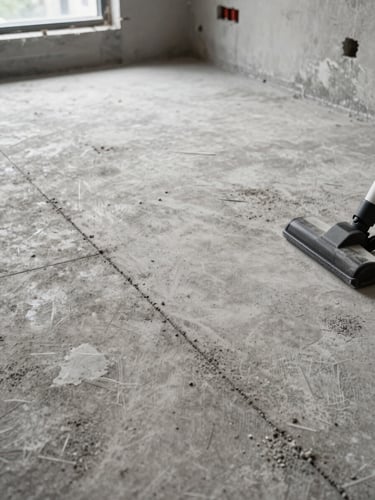 Close-up overhead angle of a freshly cleaned concrete floor in a newly built apartment, dust removed, grout lines sharp, professional vacuum equipment visible at the frame edge, daylight from an unfinished window opening