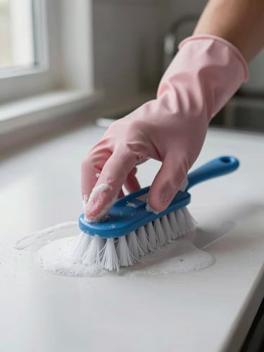 Close-up wide shot of hands in rubber gloves scrubbing a white kitchen countertop with a professional brush, natural window light from the left, cleaning foam visible on the surface, sharp detail on the texture