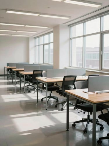 Wide environmental shot of a clean empty open-plan office space after cleaning, rows of desks with no clutter, natural daylight from large windows on the right, polished floor reflecting the light, no people