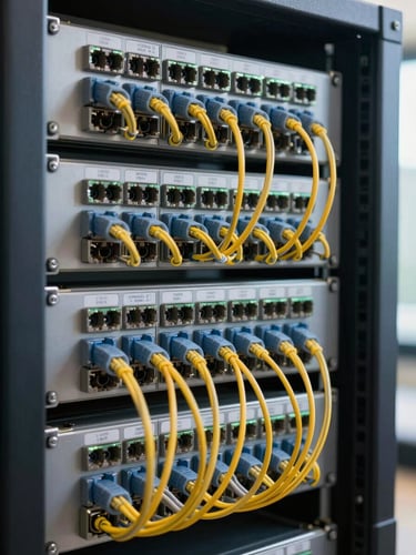 Close-up of a structured fiber optic patch panel inside a finished server rack, cables neatly routed and terminated, clear natural light from an adjacent window, sharp technical detail showing organized cable management and connector labels
