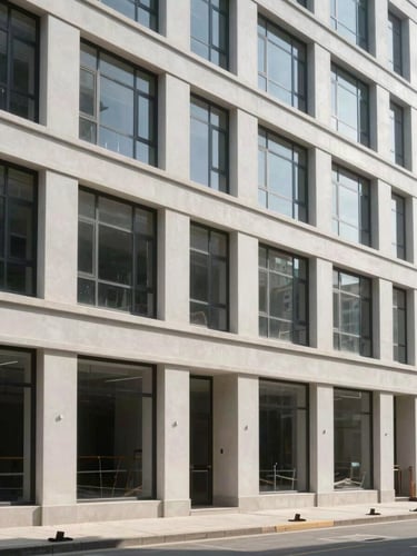 Wide environmental shot of a completed commercial building facade, natural daylight, honest contrast, full structure visible from street level, clean architectural lines, no people, no construction activity