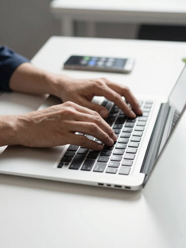 Close-up of hands resting on a laptop keyboard on a clean modern desk, bright office daylight from the left, a phone screen showing chat notification badges visible in the background, crisp and functional