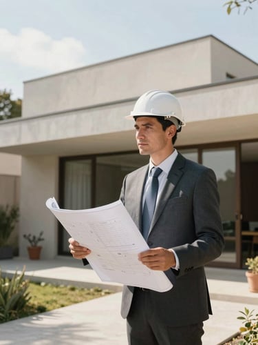 Professional architect holding blue prints in front of a modern minimalist house in Cuernavaca, bright natural daylight, warm tones, 35mm