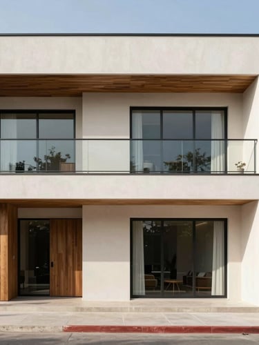 Clean architectural photography of a modern house facade in Morelos, bright natural daylight, sharp focus, professional real estate editorial, 35mm