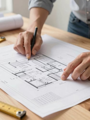 Professional architect reviewing blueprints on a wooden desk with measuring tools, soft natural light, close-up, sharp focus
