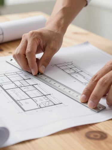 Close-up of hands of an architect measuring a blueprint with a scale ruler on a wooden table, soft natural daylight, sharp focus, real estate editorial
