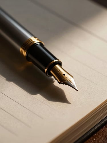 Macro shot of a high-quality fountain pen resting on structured, thick legal document paper. Low-key dramatic side-lighting with deep shadows, high contrast, warm gold undertones, elegant and professional.