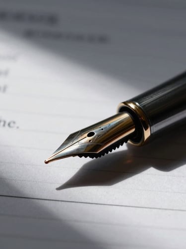 Macro shot of a high-quality fountain pen nib resting on structured legal document paper, deep shadows, dramatic side-lighting, high contrast.